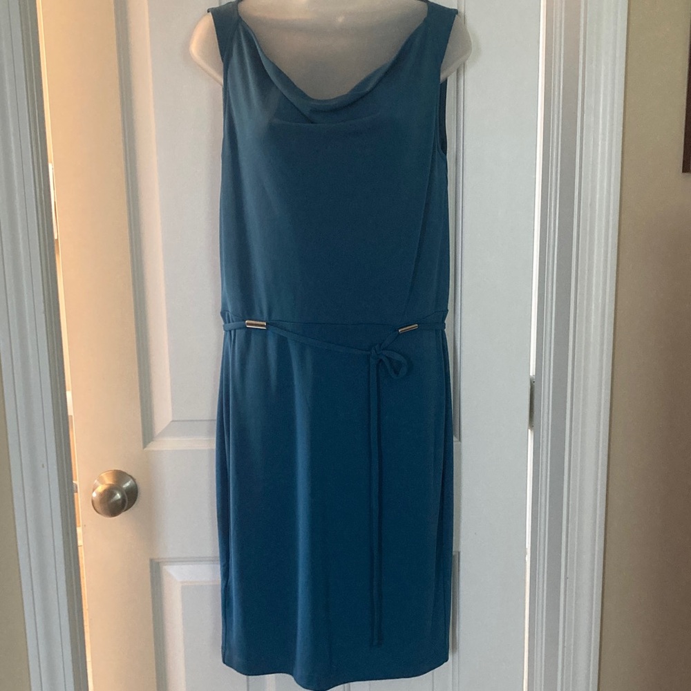 Ann Taylor Teal Sleeveless Cowl Neck Midi Dress with Waist Tie